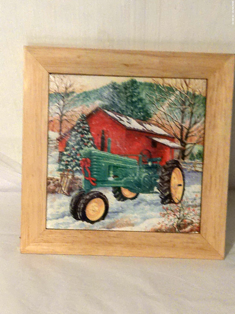 John Deere Framed Painted Hanging Ceramic Wall Tile Winter Scene Licensed 9"X9"