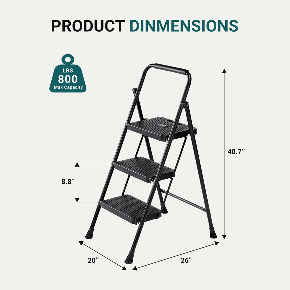 Step Ladder, 3 Step Stool Foldable with Anti-Slip Pedal & Comfortable Handrail,