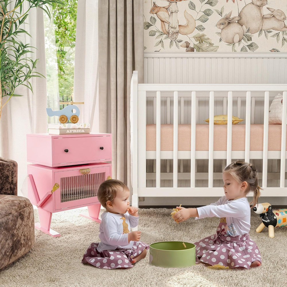 Modern Pink End Table with LED Light, Rotating Drawer & Storage
