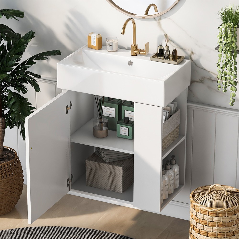 Modern Floating Bathroom Vanity Cabinet with Ceramic Basin and Side Storage