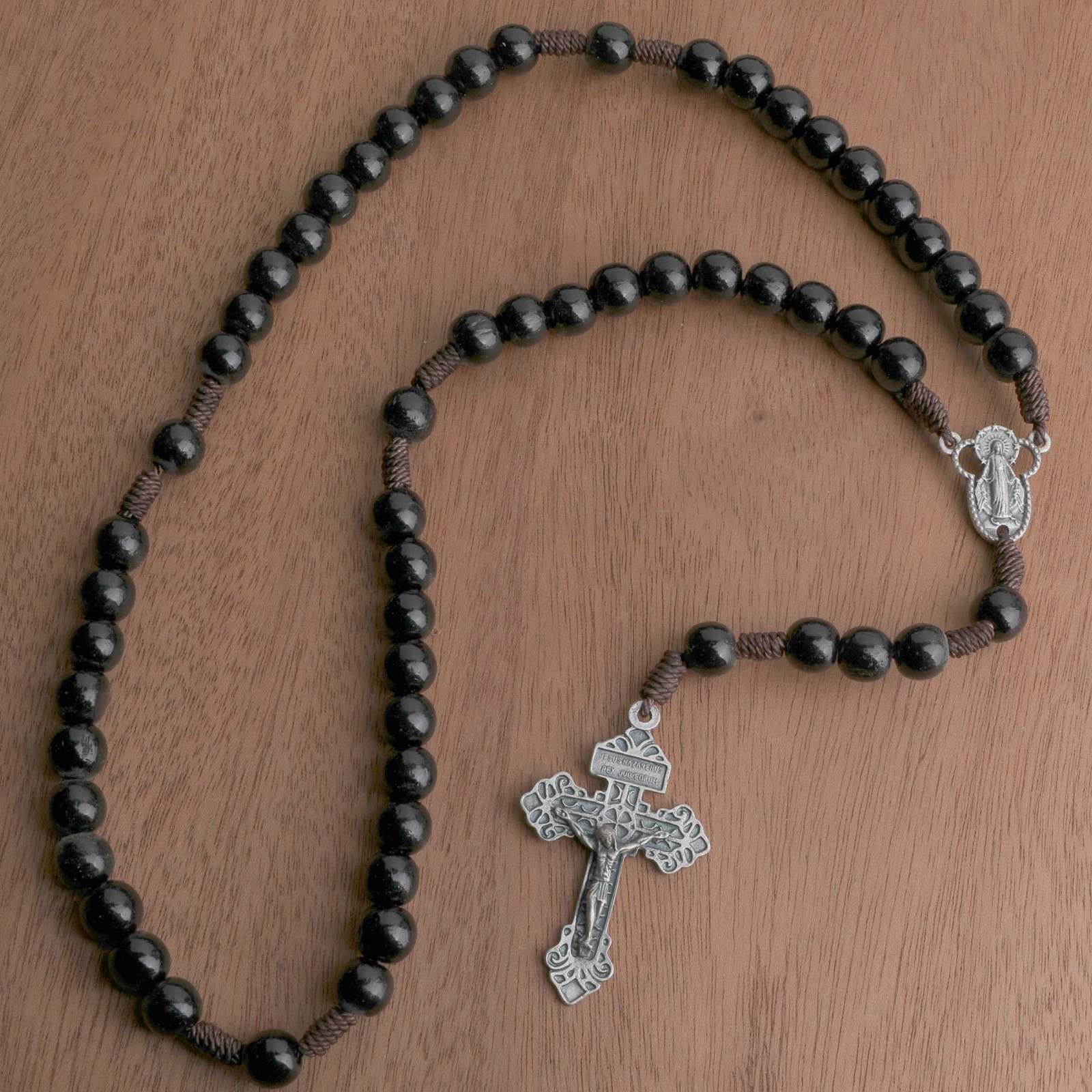Catholic Rosary Beads Wood Strong Cord Miraculous Center Men Women Black 17.5"