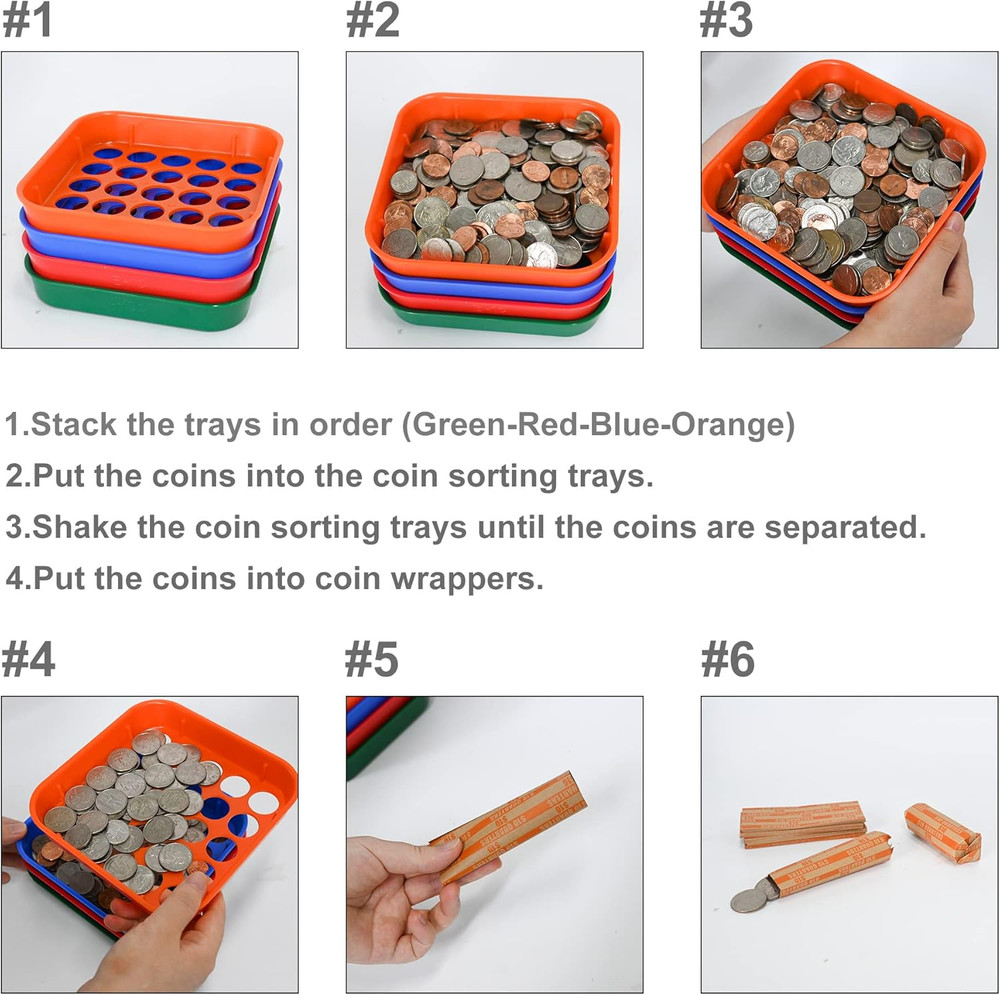 ESSENTIAL Coin Sorters Tray, 4 Color-Coded Coin Sorting Tray with 160 Assorted C