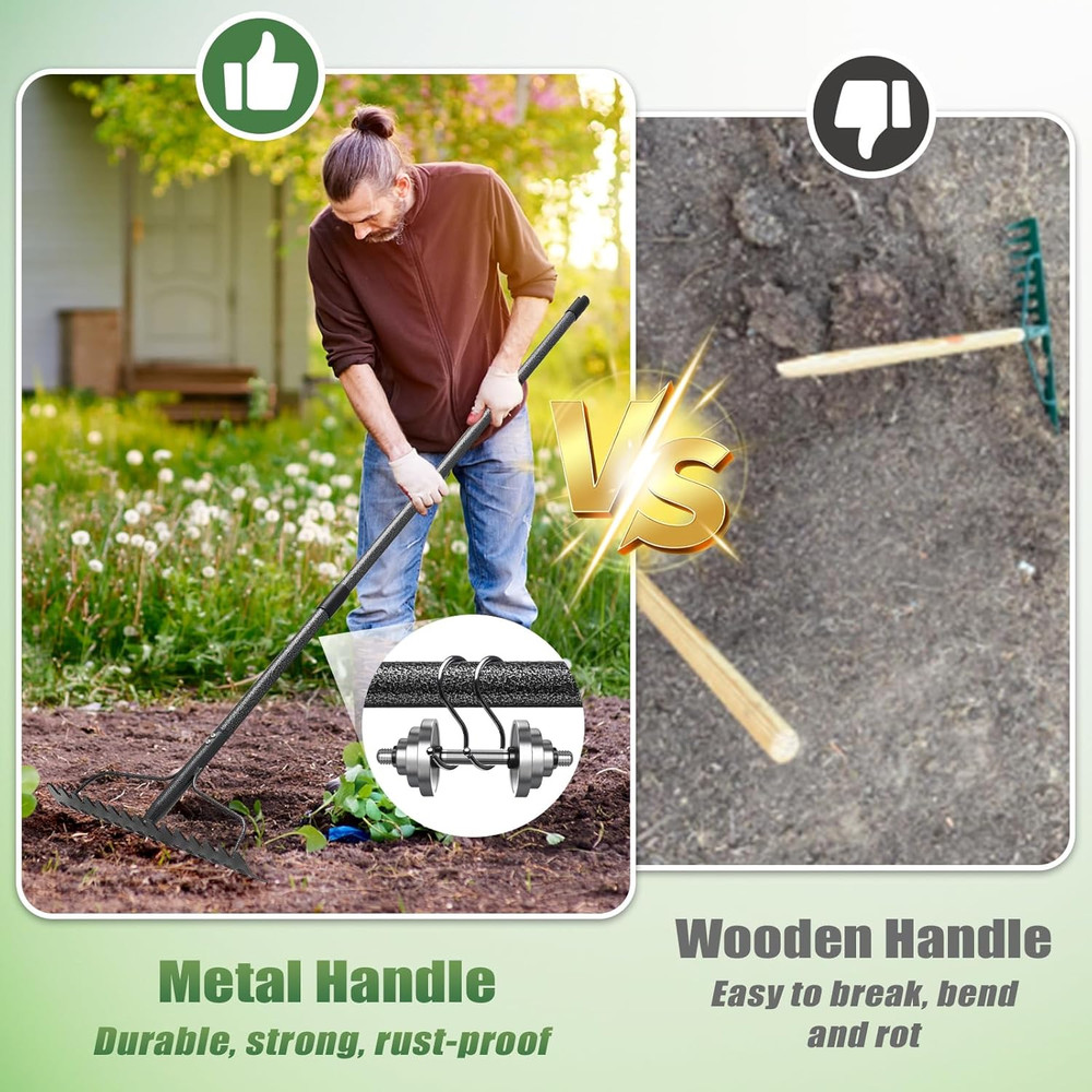 Garden Rake, 5FT Bow Rake Heavy Duty Leveling Rake with Adjustable Handle, 17 Ti