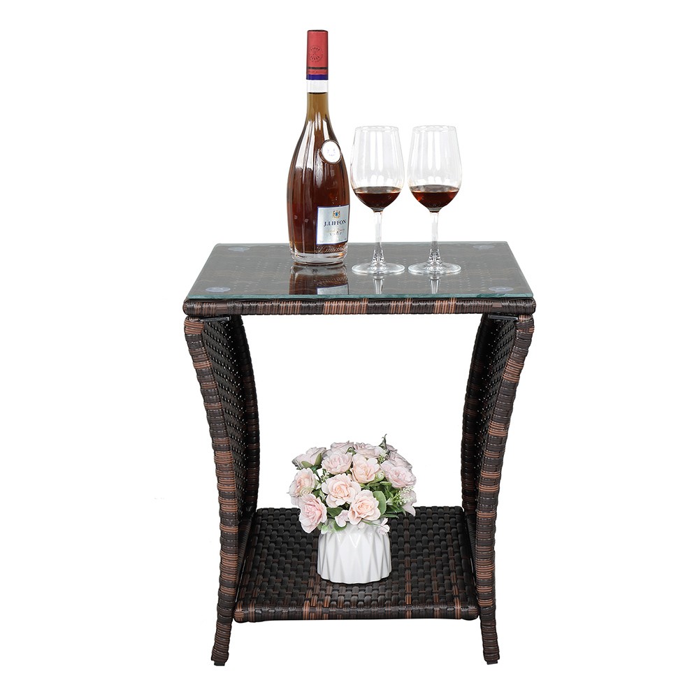 Glass Surface Brown Gradient Iron Frame Rattan Side Table,free ship