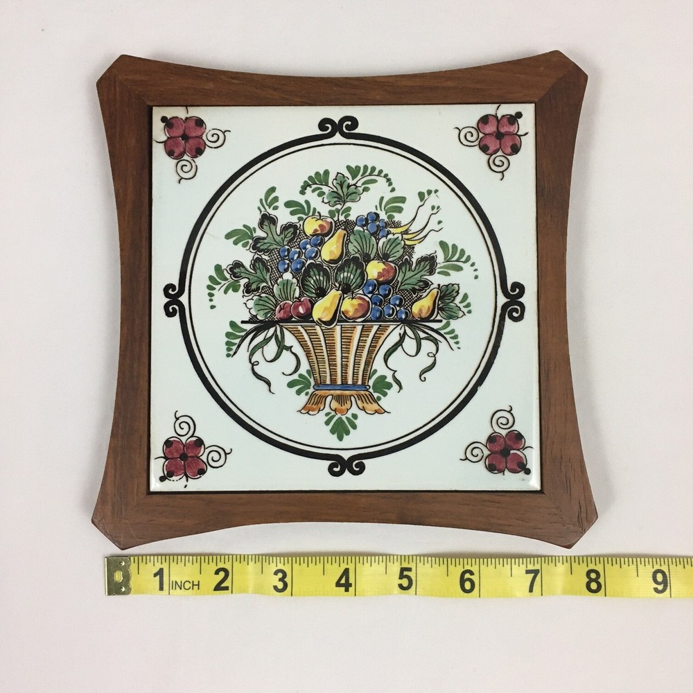 VTG Fruit Basket Tile Wood Trivet Decor