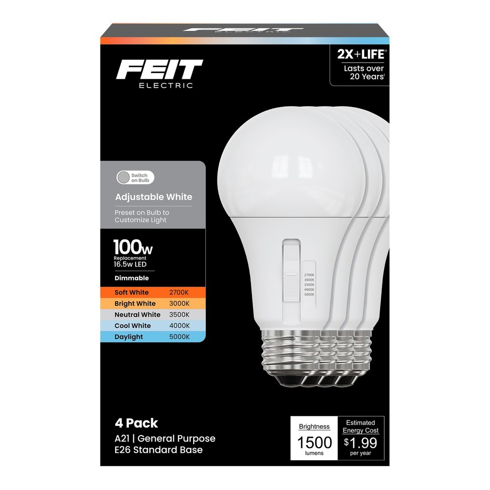 Feit Electric A21 LED Light Bulb, Adjustable White 2700K–5000K, Dimmable, 1500