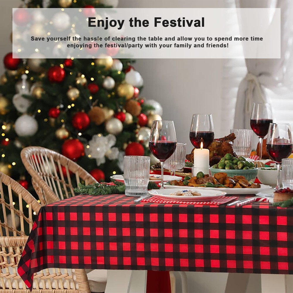 6 Pack Red and Black Checkered Tablecloth, Red Plastic Table Cloths for Parti...