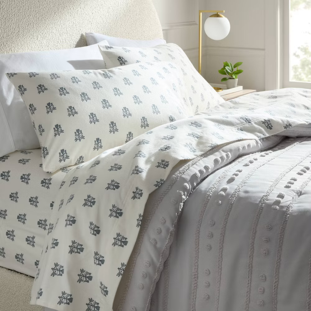 King Ultra Soft Flannel Sheet Set Blue Woodblock - Threshold