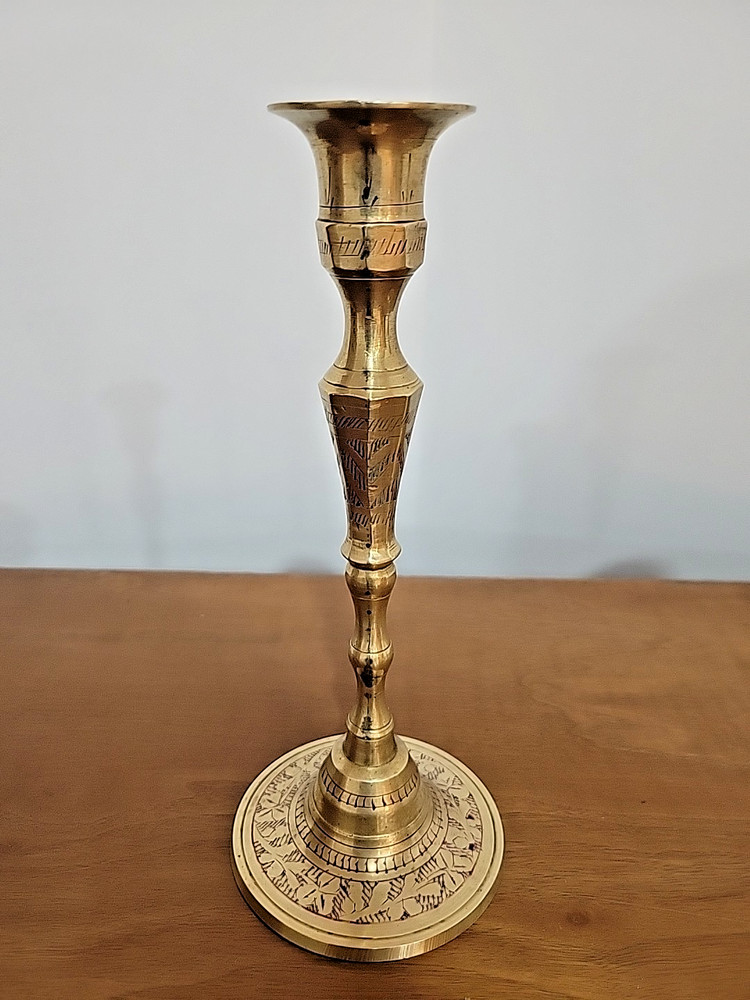Vintage Brass Etched & Painted Candlesticks 8.5 inches