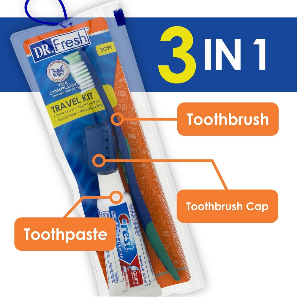 Dr. Fresh Travel Toothbrush Kit w/ Cap & Toothpaste Soft New (2 Pack)