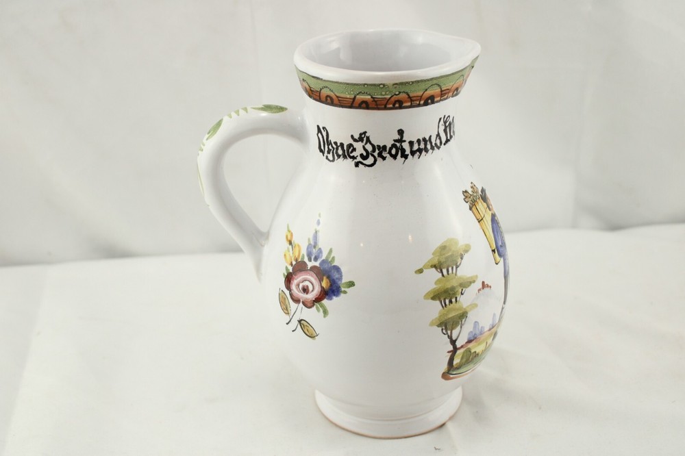 Faience Handled Pitcher German Writing Peasant Hand Painted