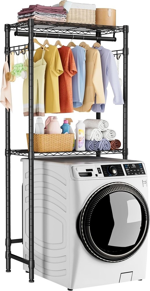 Adjustable 2-Tier Over Washer Shelves - Space-Saving Laundry Organizer in Black