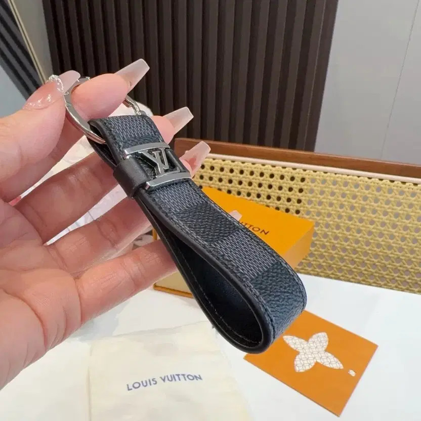 Louis Vuitton Black Leather Keyring with Silver Logo Official