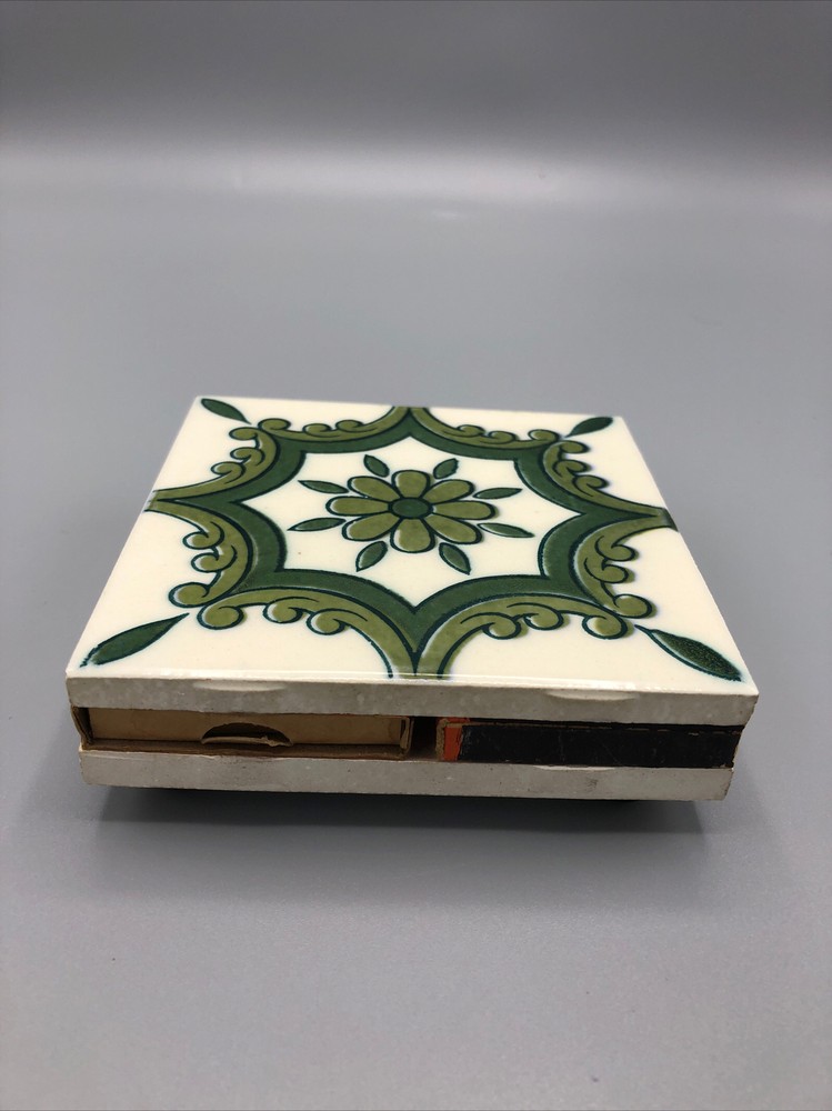 Ceramic Tile Quad Matchbox Holder & Coaster Art Hand Pattern Original Vintage