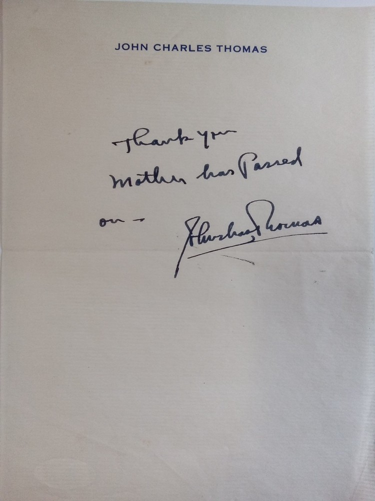 John Charles Thomas Signed Paper Metropolitan Opera Broadway Legend JSA