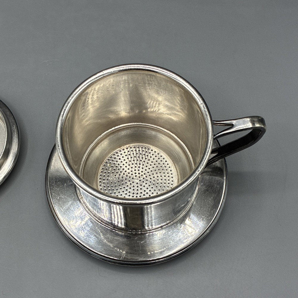 Silver Plate Tea Strainer Press Cup Handle Lid 3pc Marked