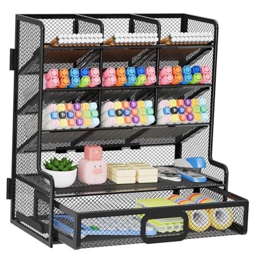 Larger Mesh Desk Organizer with Drawer, Multi-Functional Pen Pencil Black