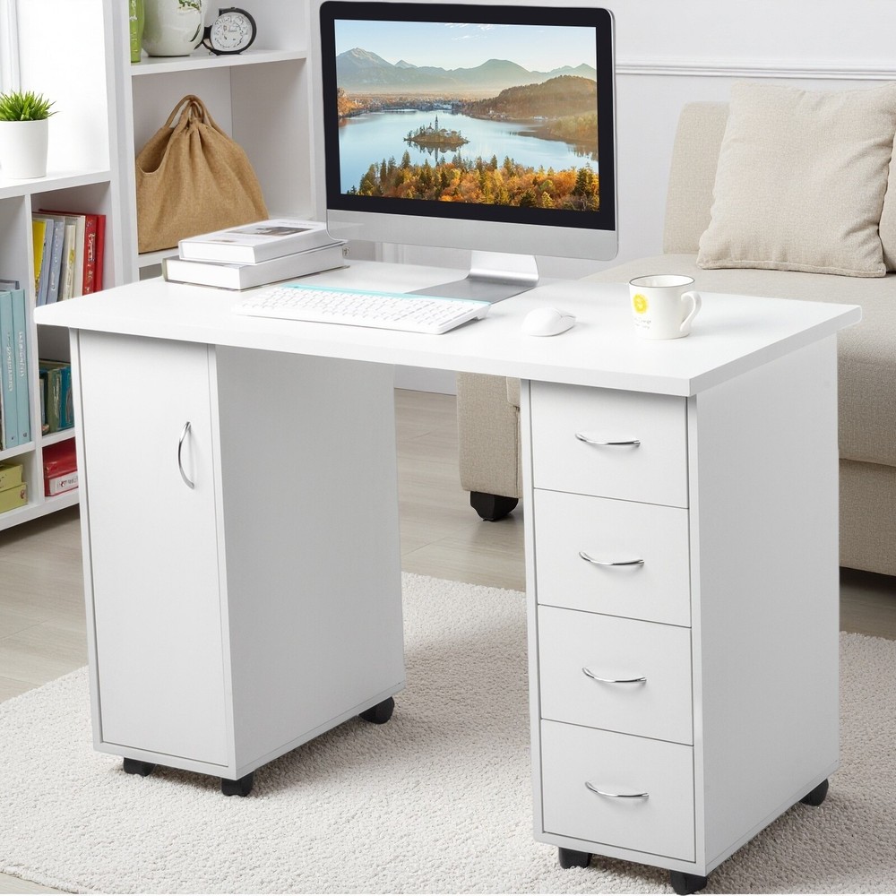 Rolling Computer Desk - White, 4-Drawer, 2 Shelves Storage & MDF ​Nail Table​