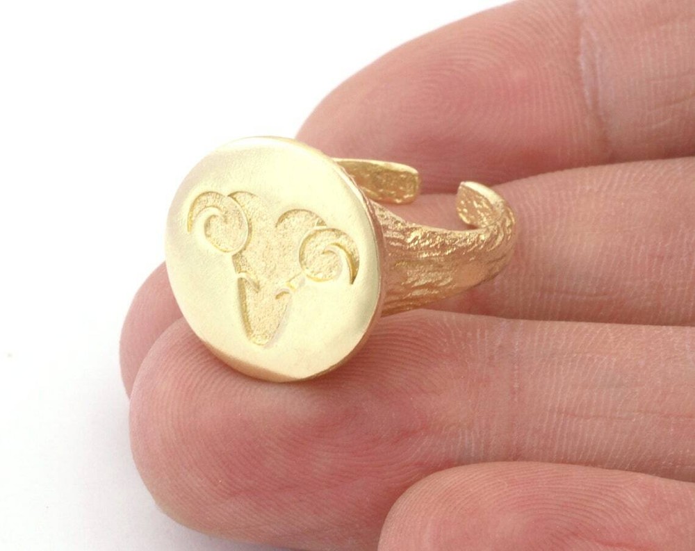 Ram Aries Horoscope Bark Textured Band Round Adjustable Ring Raw brass 4864