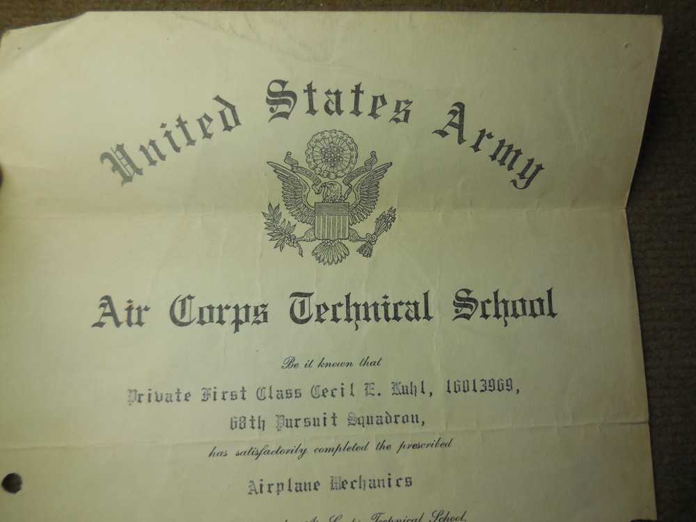 WWII 1941 USAAC Technical School Training Certificate 68th Pursuit Squadron