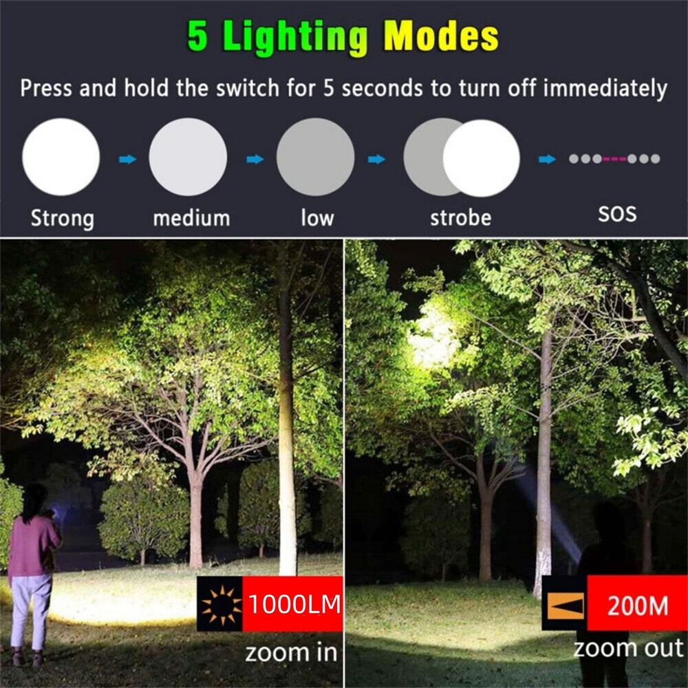 LED Flashlight Tactical Rechargeable Super Bright Work Lights Retractable Zoom