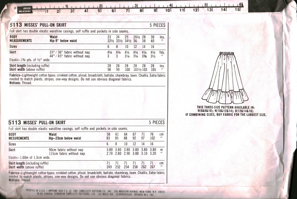 5113 Vintage Simplicity SEWING Pattern Misses Pull on Skirt Extra Sure Pattern