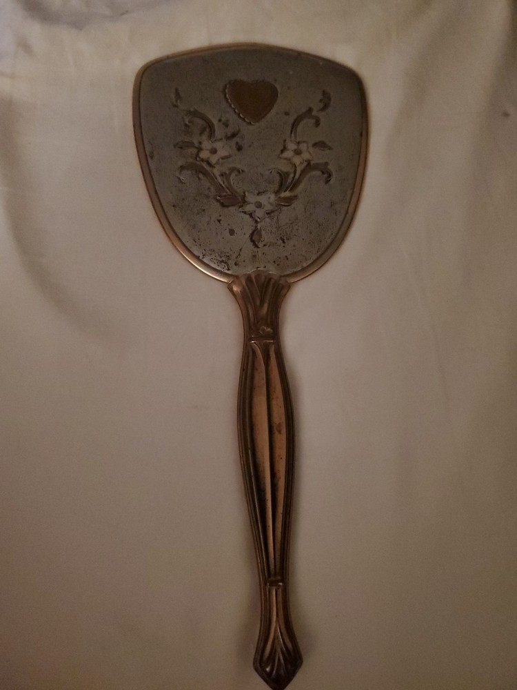 Vintage art deco brass handheld vanity mirror