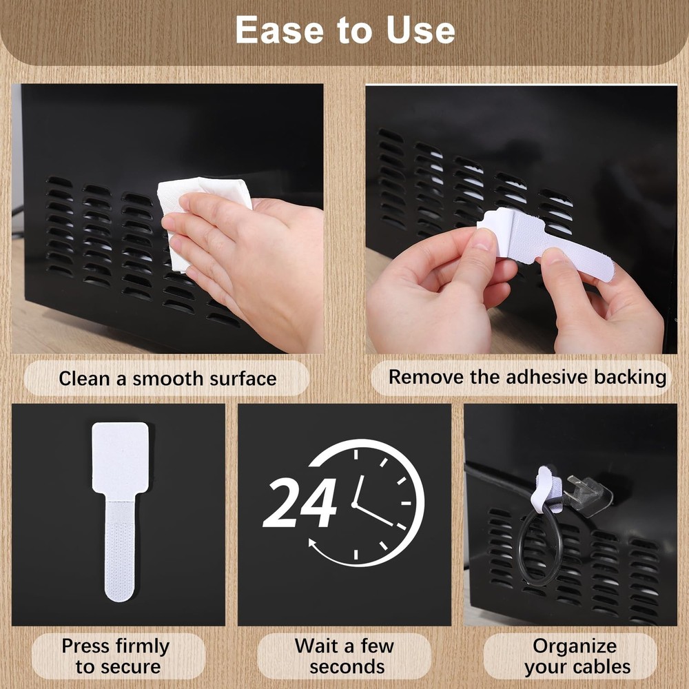 100Pack Hook & Loop Cable Ties SelfAdhesive Cord Straps Organizer White
