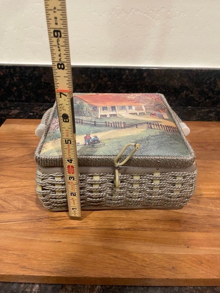 Vintage Weaved String & Fabric Sewing Basket