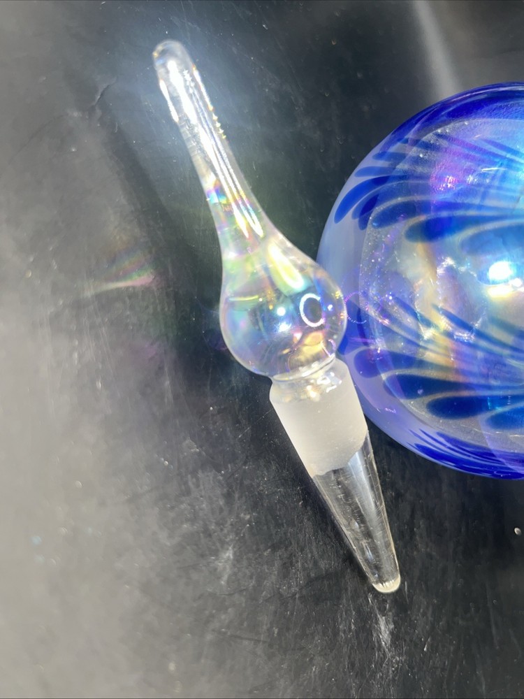 Iridescent Perfume Bottle With Stopper Pulled Feather Blue 6”