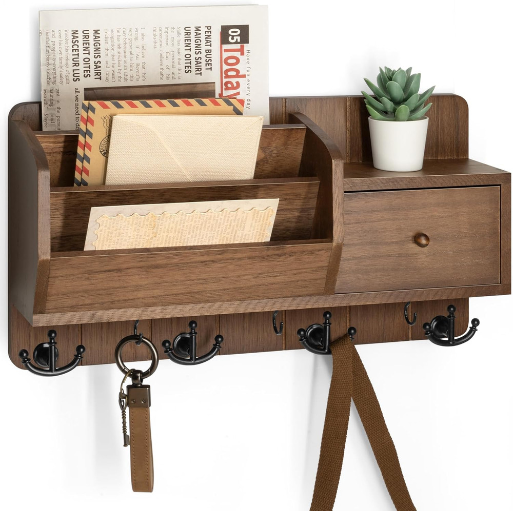 Key and Mail Holder Wall Mount - Mail Organizer Wall Mount with Storage Hooks an