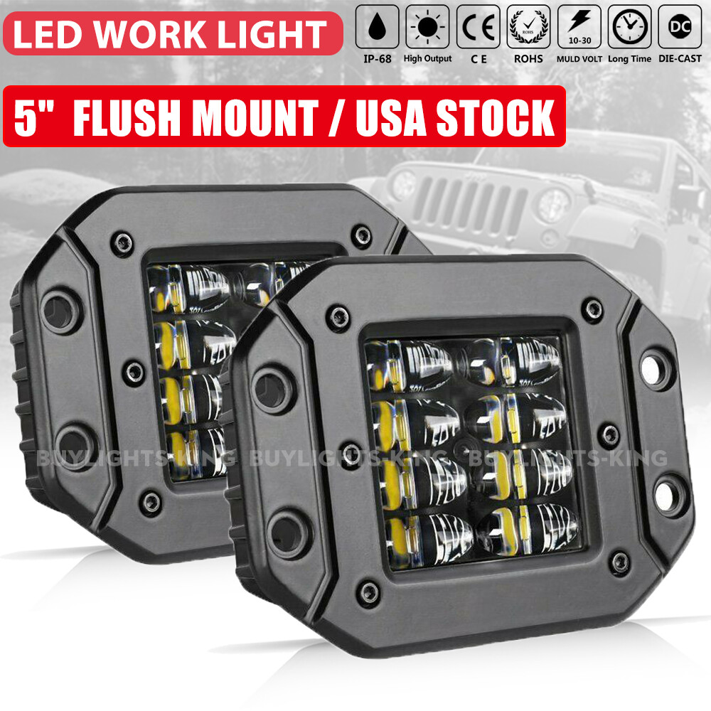 2pc 5INCH Flush Mount LED Work Light Front Rear Bumper Reverse Pod 4-Row Driving