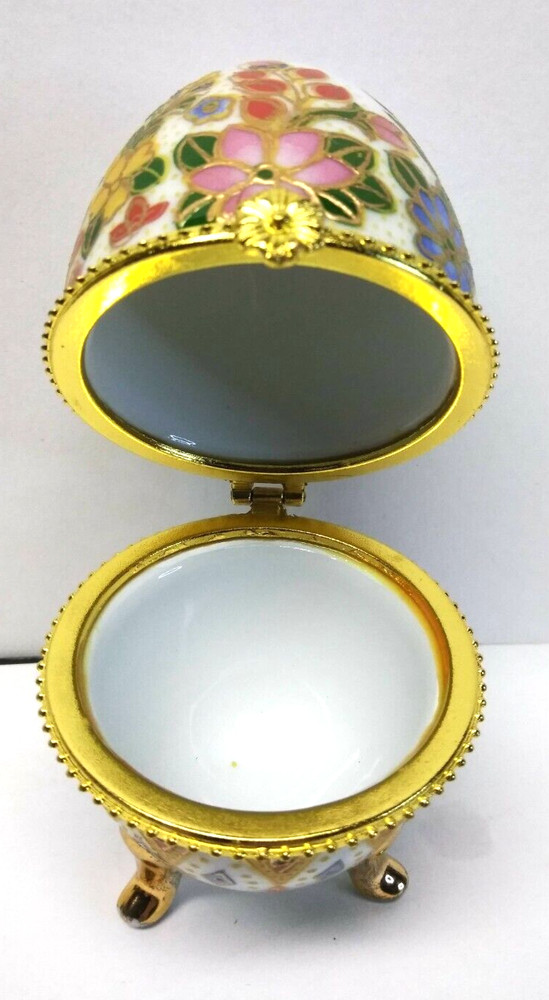 Vintage Cloisonné Enamel Egg Hinged and Footed Trinket Box Egg Shaped