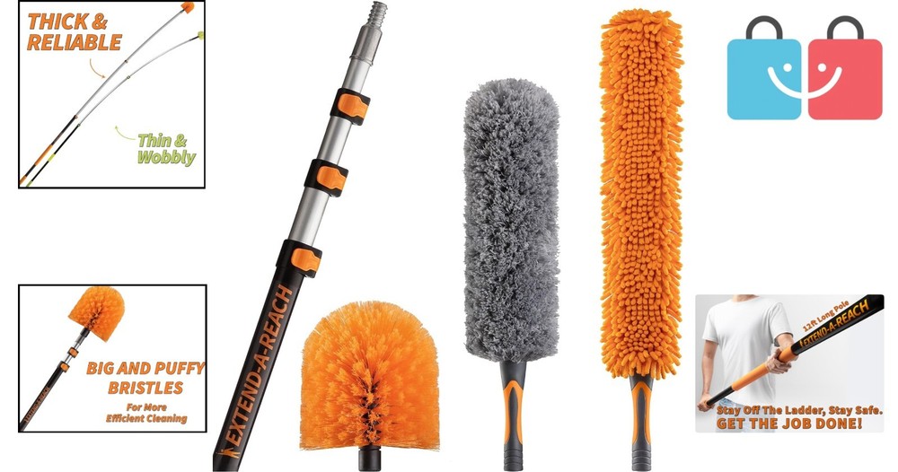 High Ceiling Duster Kit: 20ft Telescopic Pole & 3 Cleaning Tools Included