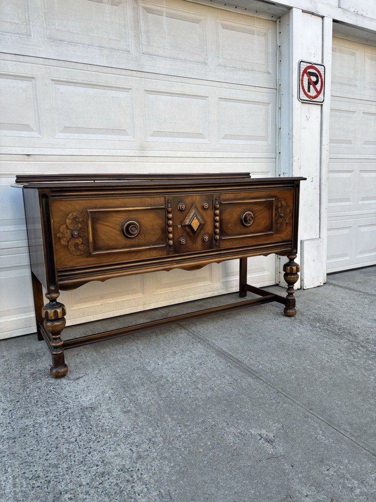Antique Walnut Jacobean Revival Sideboard Buffet Server Console Cabinet