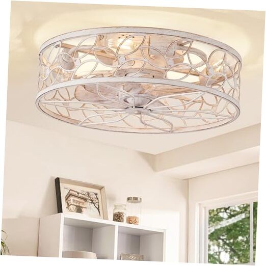 Caged Ceiling Fans with Lights, White Flush Mount Ceiling Medium White Gold