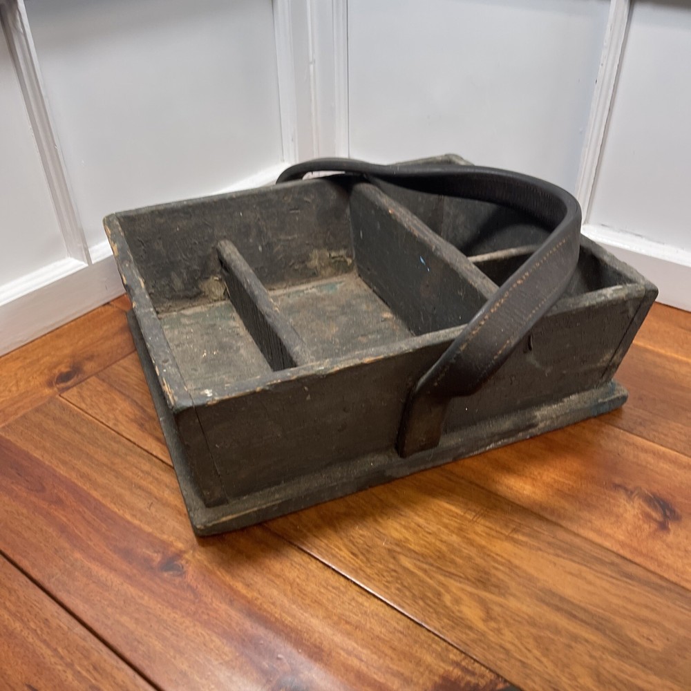 Antique Rustic Primitive Carpenters Wooden Tool Tray Dividers Leather Strap