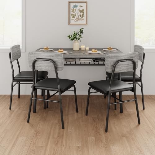 Dining Table Set for 4 with Storage Rack, 5-Piece Table with 4 Chairs Gray -1