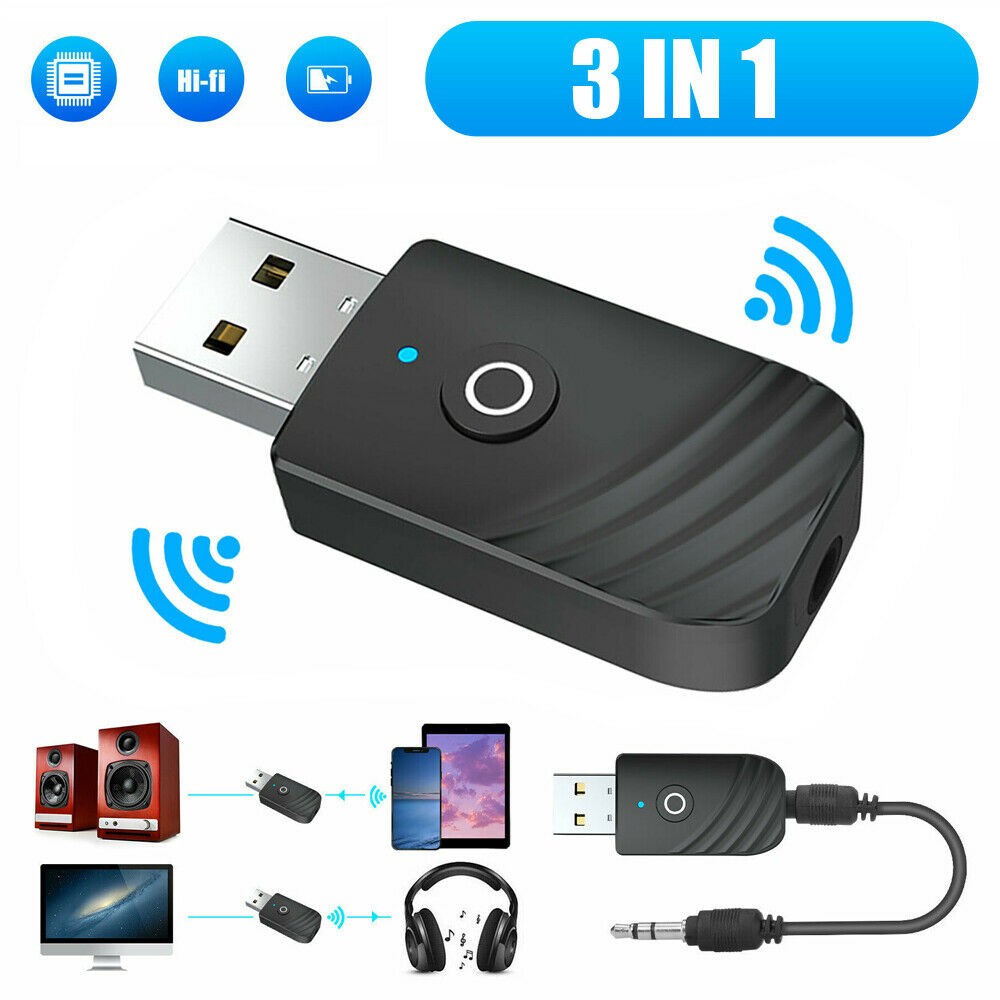3in1 Wireless USB Bluetooth 5.0 Audio Transmitter Receiver Adapter For PC TV Car