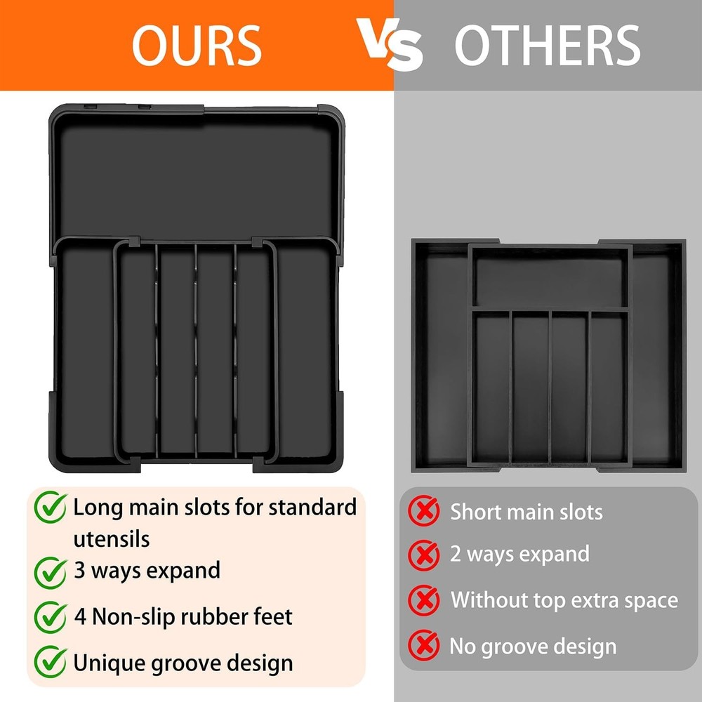 Silverware Organizer - Expandable Kitchen Drawer Organizer, Utensil Black