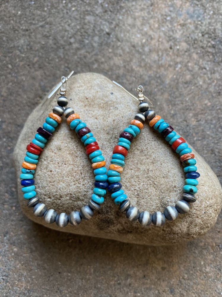 Sterling Silver Multi Stone W Pearls Bead Loop Earrings.