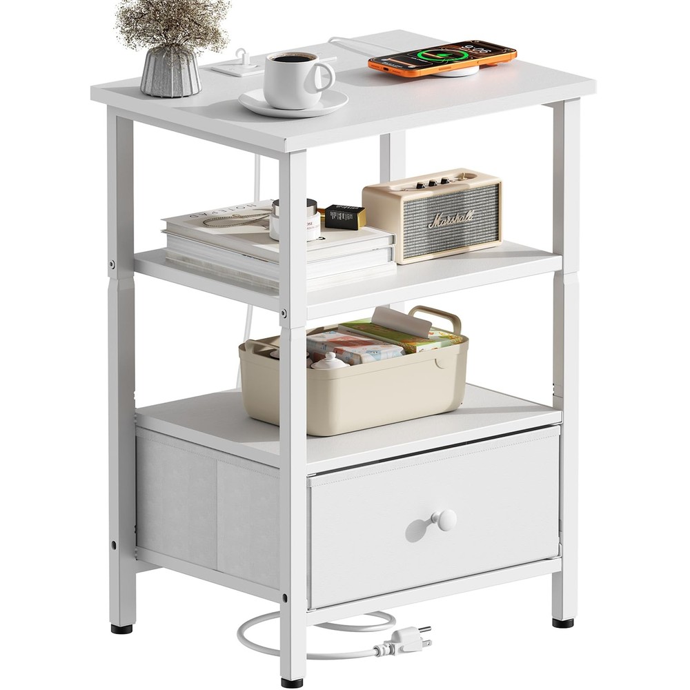 Side Table with Charging Station, Nightstand with Adjustable Fabric Drawer, B...