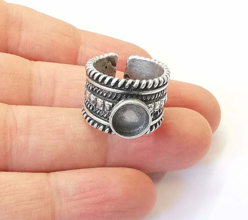 Silver Ring Blank Base Bezel Settings Cabochon Mountings Adjustable (8mm) G25024