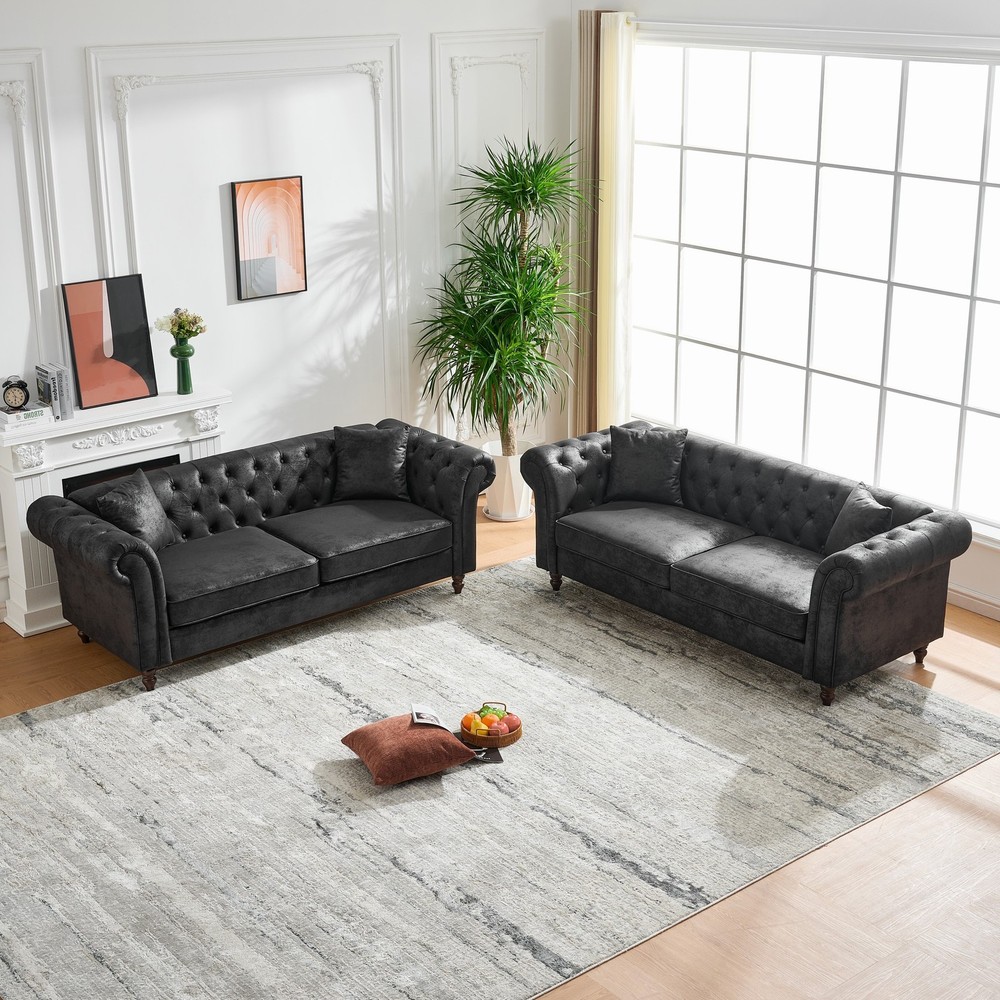 83"Chesterfield ‌tech Fabric Sofa,High-tech Fabric Roll Armrest Sofa,Upholstere
