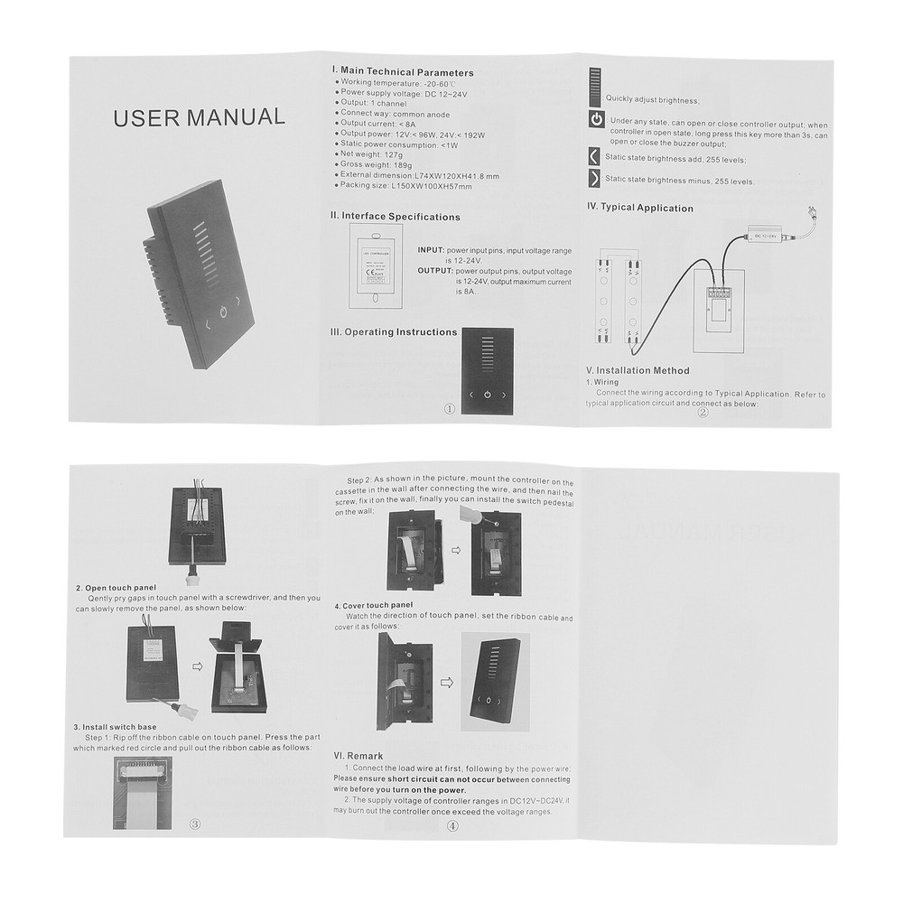 Wall Switch 12-24V Touch Panel Dimmer Controller Fr Single Color LED Strip Black