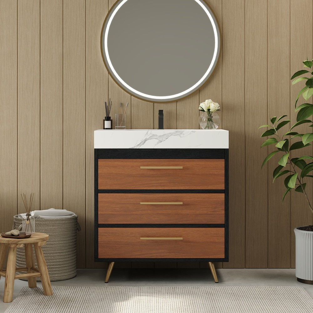 Modern Free-Standing Bathroom Vanity with Ceramic Vessel Sink & Durable Sinter
