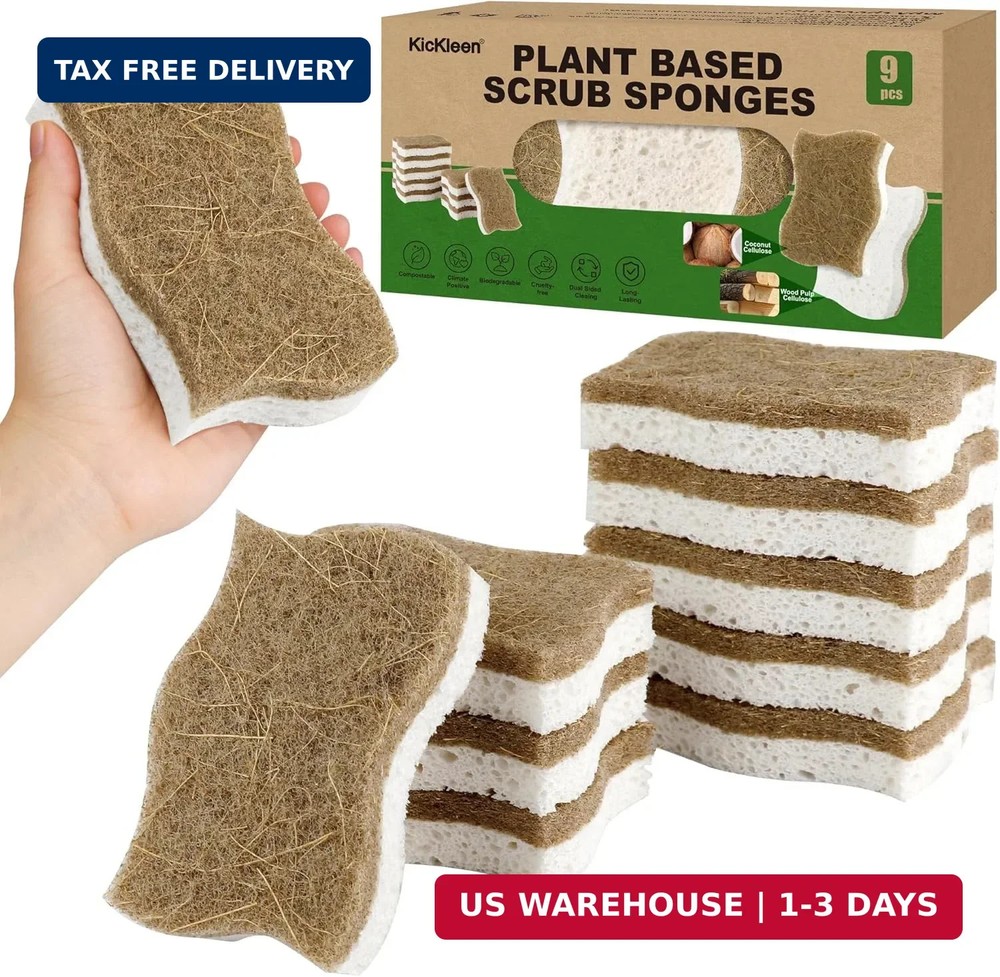 9 Pack Kickleen Biodegradable Natural Kitchen Sponges - Compostable Cellulose