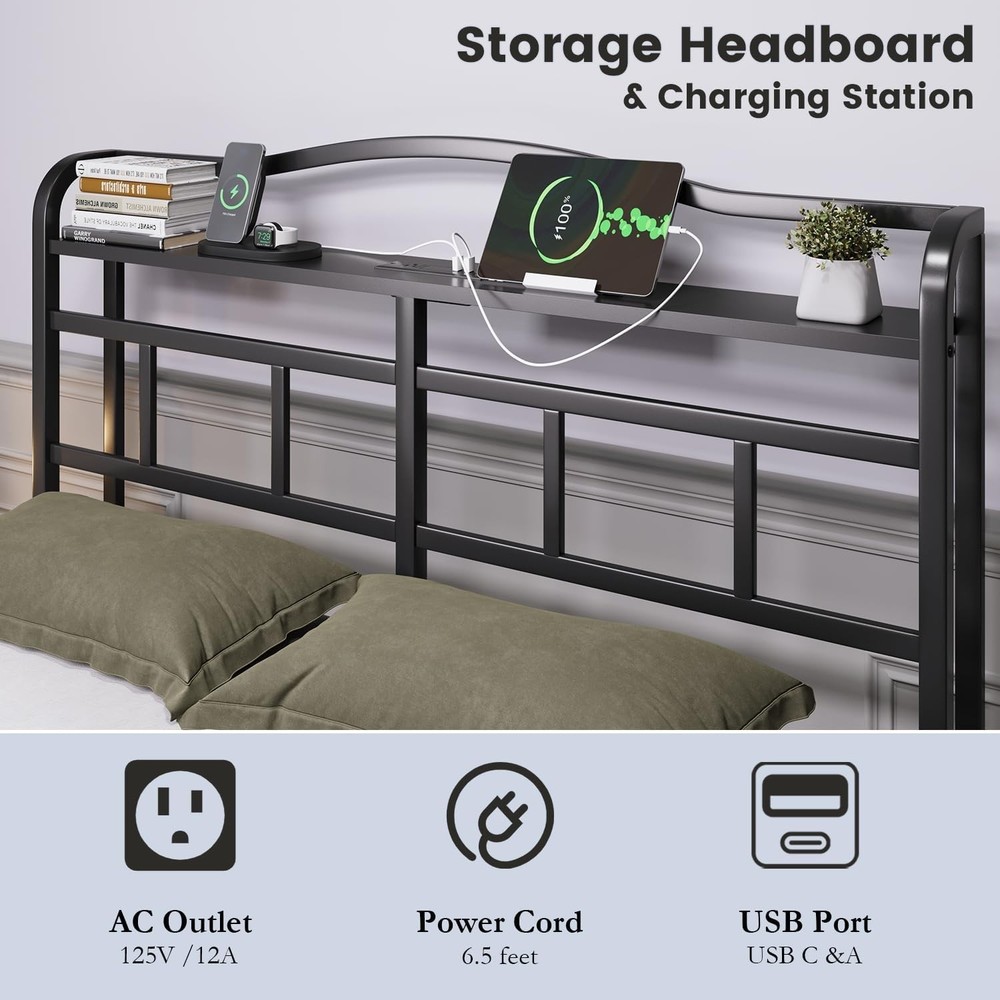 Full Size Bed Frame - Storage Headboard with Charging Station, 14 Inch Sturdy...