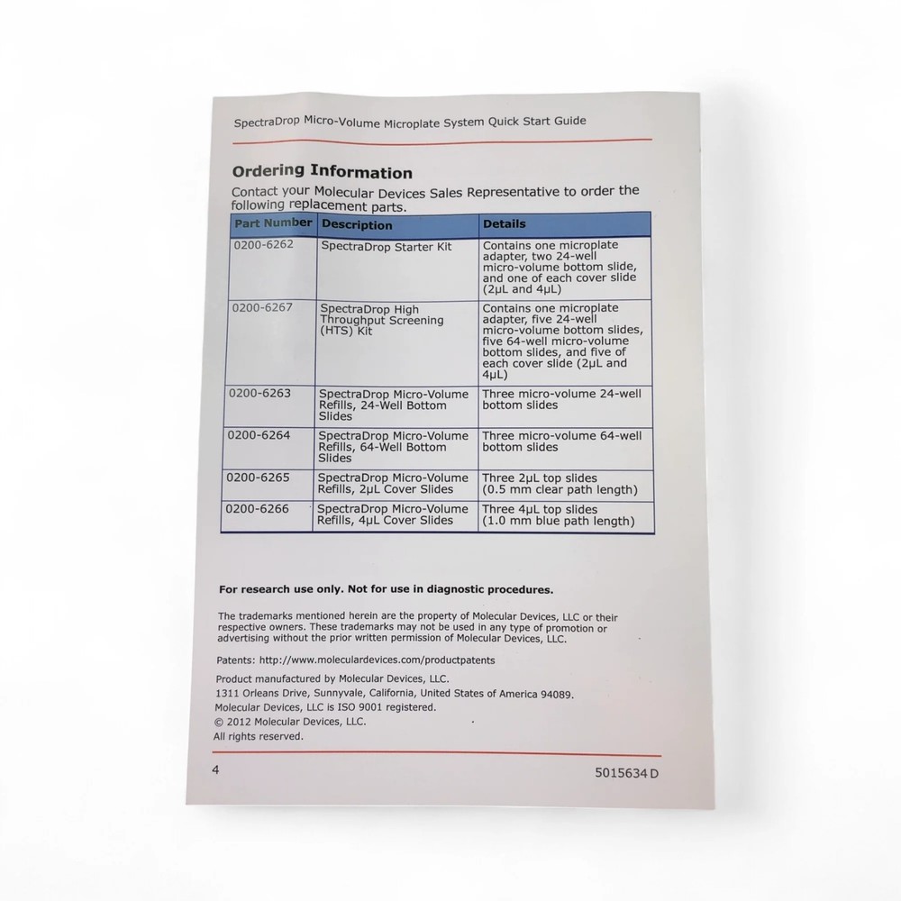 Molecular Devices SpectraDrop Starter Kit 0200-6262 Microplate Adapter & Slides