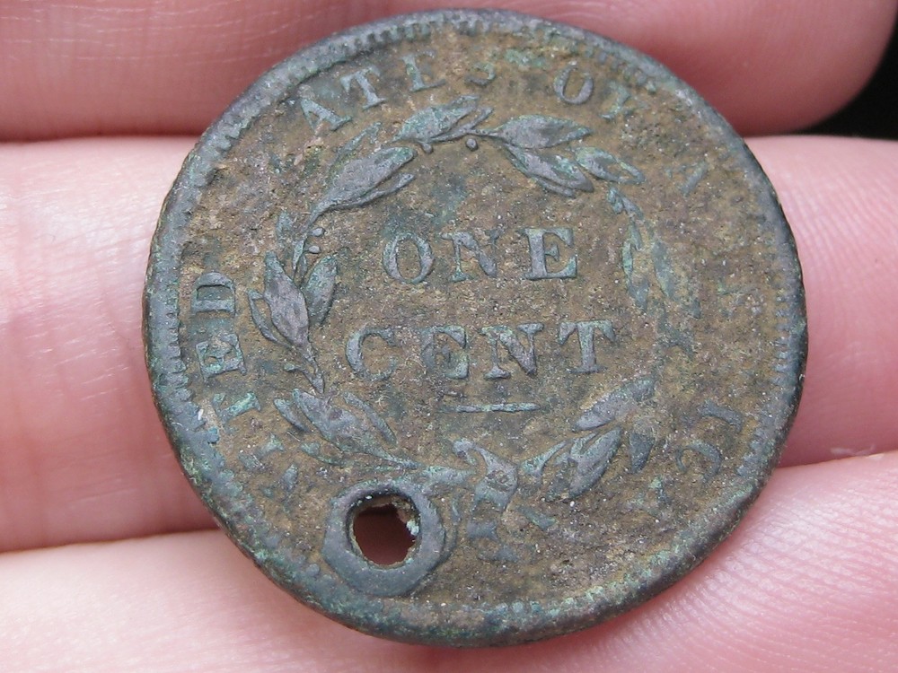 1838 Matron Head Modified Large Cent Penny- Holed, Crusty, Shipwreck Effect